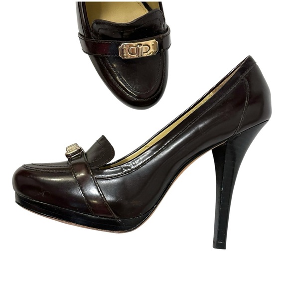 COACH Luisa Dark Brown Gold Logo Toggle Platform Heels Pumps 7.5 - Picture 12 of 16